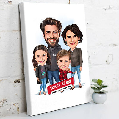 2 Çocuklu Ailemiz Karikatürlü Kanvas Tablo - 1
