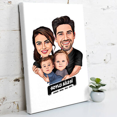 2 Çocuklu Canım Ailem Karikatürlü Kanvas Tablo - 1