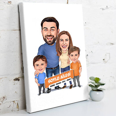 2 Erkek Çocuklu Aile Temalı Karikatürlü Kanvas Tablo - 1