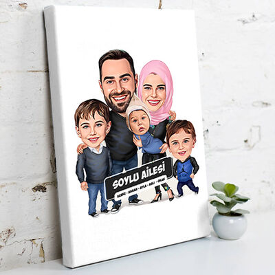 3 Çocuklu Güzel Ailemiz Karikatürlü Kanvas Tablo - 1