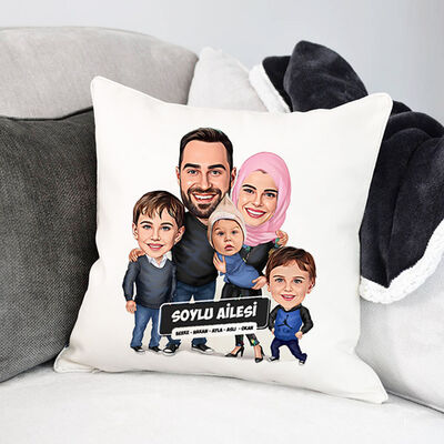 3 Çocuklu Güzel Ailemiz Karikatürlü Yastık - 1