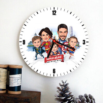 3 Çocuklu Kahraman Aile Karikatürlü Duvar Saati - 1