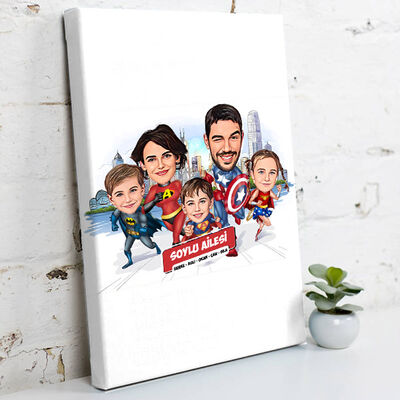 3 Çocuklu Kahraman Aile Karikatürlü Kanvas Tablo - 1
