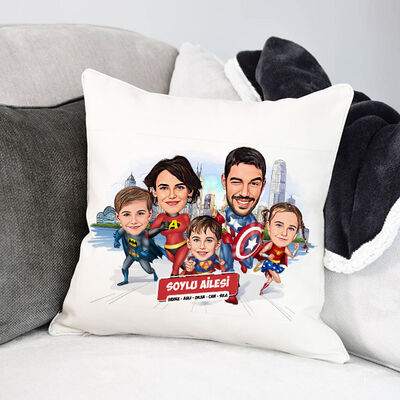 3 Çocuklu Kahraman Aile Karikatürlü Yastık - 1