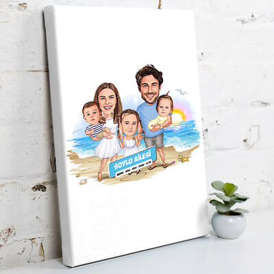 3 Çocuklu Tatildeki Aile Karikatürlü Kanvas Tablo - 1
