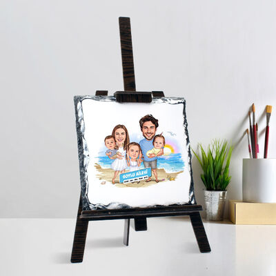3 Çocuklu Tatildeki Aile Karikatürlü Şövalye Ayaklı Taş - 1
