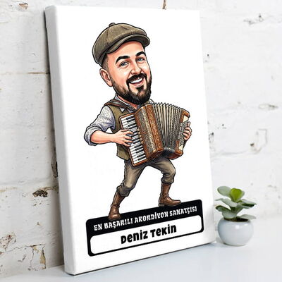 Akordiyon Sanatçısı Müzisyen Erkek Karikatürlü Kanvas Tablo - 1