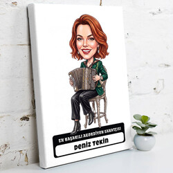 Akordiyon Sanatçısı Müzisyen Kadın Karikatürlü Kanvas Tablo