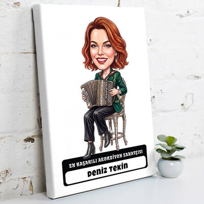 Akordiyon Sanatçısı Müzisyen Kadın Karikatürlü Kanvas Tablo - 1