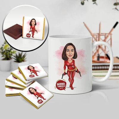 Aksiyon Seven Kadın Karikatürlü Kupa ve Çikolata - 1