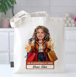 Alışveriş Delisi Anne Karikatürlü Bez Çanta - 1