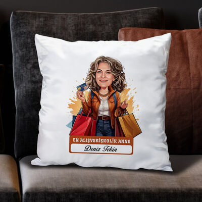 Alışveriş Delisi Anne Karikatürlü Yastık - 1