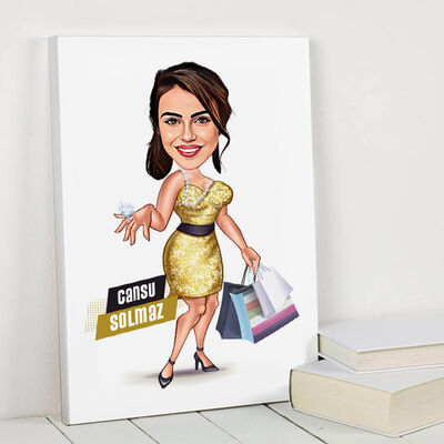Alışveriş Delisi Kadın Karikatürlü Kanvas Tablo - 1