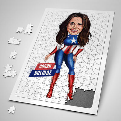 Amarikalı Kahraman Kostümlü Kadın Karikatürlü Puzzle - 1