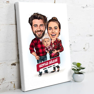 Anne Baba ve Bebek Karikatürlü Kanvas Tablo - 1
