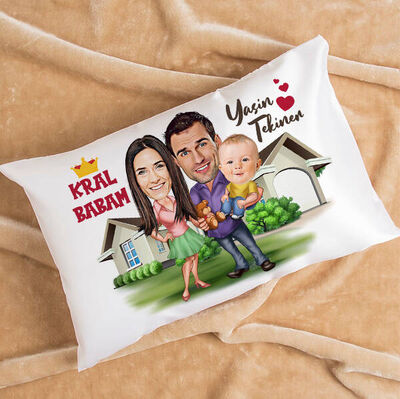 Anne Baba ve Çocuk Karikatürlü Yastık - 1