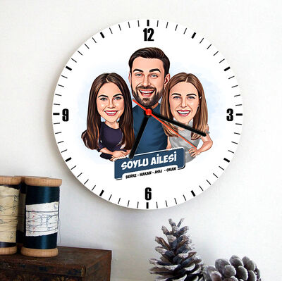 Anne Baba ve Genç Kızları Karikatürlü Duvar Saati - 1