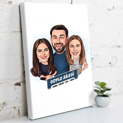 Anne Baba ve Genç Kızları Karikatürlü Kanvas Tablo - 1