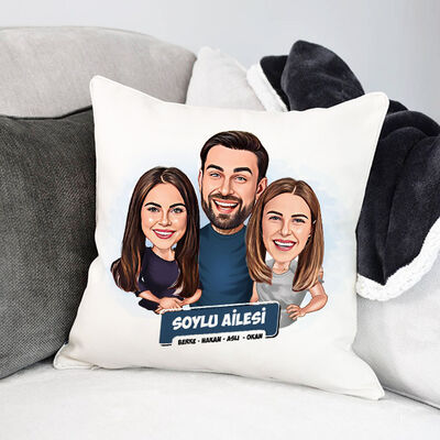 Anne Baba ve Genç Kızları Karikatürlü Yastık - 1