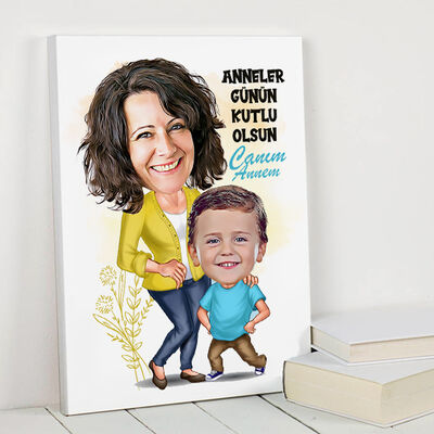 Annem ve Ben Karikatürlü Kanvas Tablo - 1