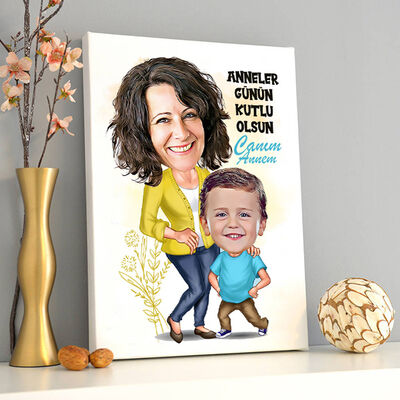 Annem ve Ben Karikatürlü Kanvas Tablo - 2