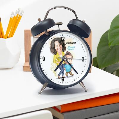 Annesi ve Oğlu Karikatürlü Çalar Saat - 2