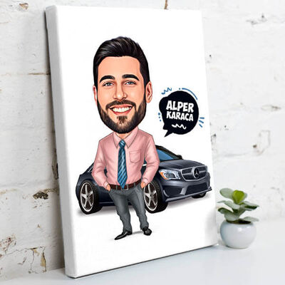 Arabasına Aşık Erkek Karikatürlü Kanvas Tablo - 2