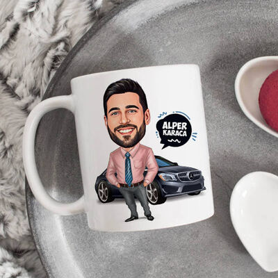 Arabasına Aşık Erkek Karikatürlü Kupa Bardak - 2