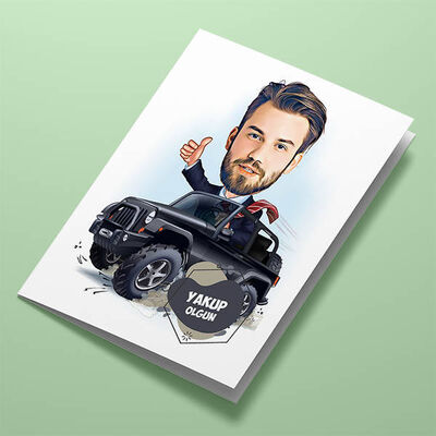 Arazi Aracındaki Erkek Karikatürlü Tebrik Kartı - 1