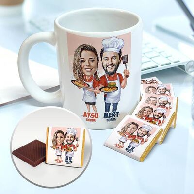 Aşçı Çiftler Karikatürlü Kupa ve Çikolata - 1