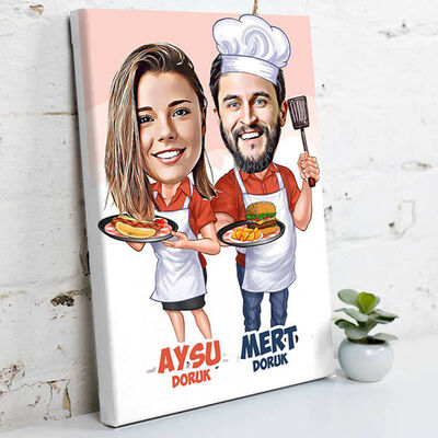 Aşçı Sevgililer Karikatürlü Kanvas Tablo - 1