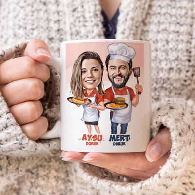 Aşçı Sevgililer Karikatürlü Kupa Bardak - 1
