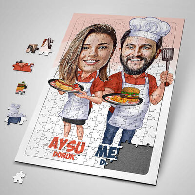 Aşçı Sevgililer Karikatürlü Puzzle - 1