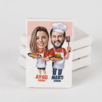 Aşçı Sevgililer Karikatürlü Taş Buzdolabı Magneti - 1