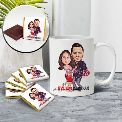 Aşk Dolu Çiftler Karikatürlü Kupa ve Çikolata - 1