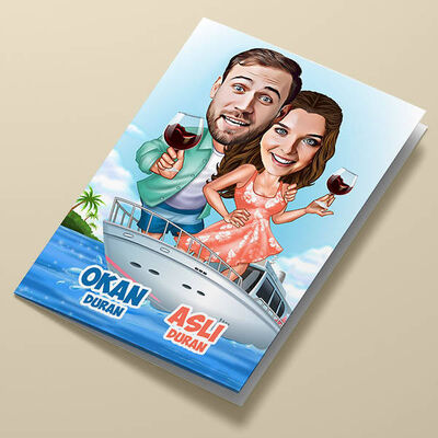 Aşk Gemisindeki Sevgililer Karikatürlü Tebrik Kartı - 1