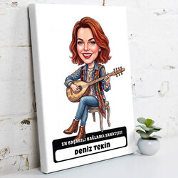 Bağlama Sanatçısı Müzisyen Kadın Karikatürlü Kanvas Tablo