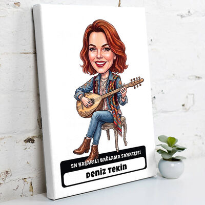Bağlama Sanatçısı Müzisyen Kadın Karikatürlü Kanvas Tablo - 1