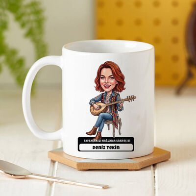 Bağlama Sanatçısı Müzisyen Kadın Karikatürlü Kupa Bardak - 1