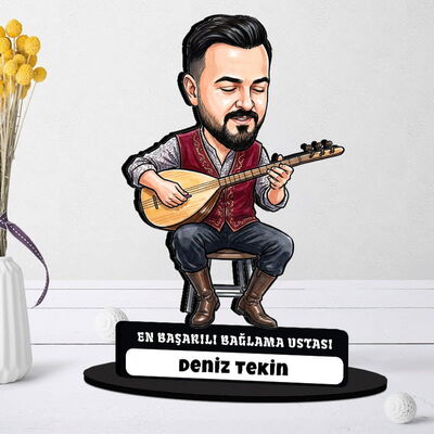 Bağlama Ustası Müzisyen Erkek Karikatürlü Biblo - 1