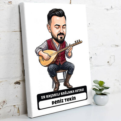 Bağlama Ustası Müzisyen Erkek Karikatürlü Kanvas Tablo - 1