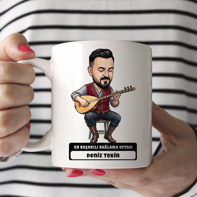 Bağlama Ustası Müzisyen Erkek Karikatürlü Kupa Bardak - 1