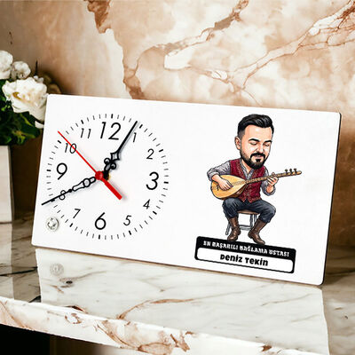Bağlama Ustası Müzisyen Erkek Karikatürlü Masa Saati - 1