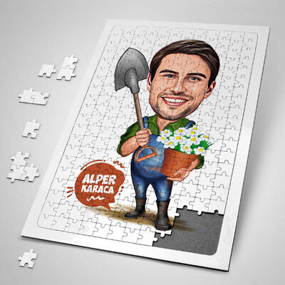 Bahçe İşleri Seven Erkek Karikatürlü Puzzle - 1