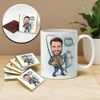 Balık Tutan Adam Karikatürlü Kupa ve Çikolata - 1