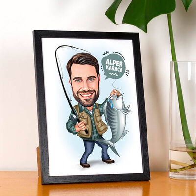 Balık Tutan Erkek Karikatürlü Resim Çerçevesi - 1