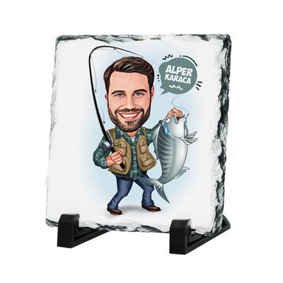 Balık Tutan Erkek Karikatürlü Taş Baskı - 1