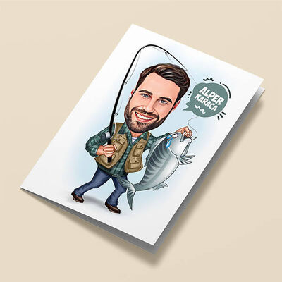 Balık Tutan Erkek Karikatürlü Tebrik Kartı - 1