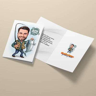 Balık Tutan Erkek Karikatürlü Tebrik Kartı - 3