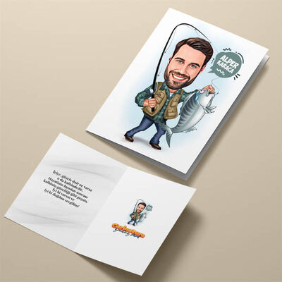 Balık Tutan Erkek Karikatürlü Tebrik Kartı - 4